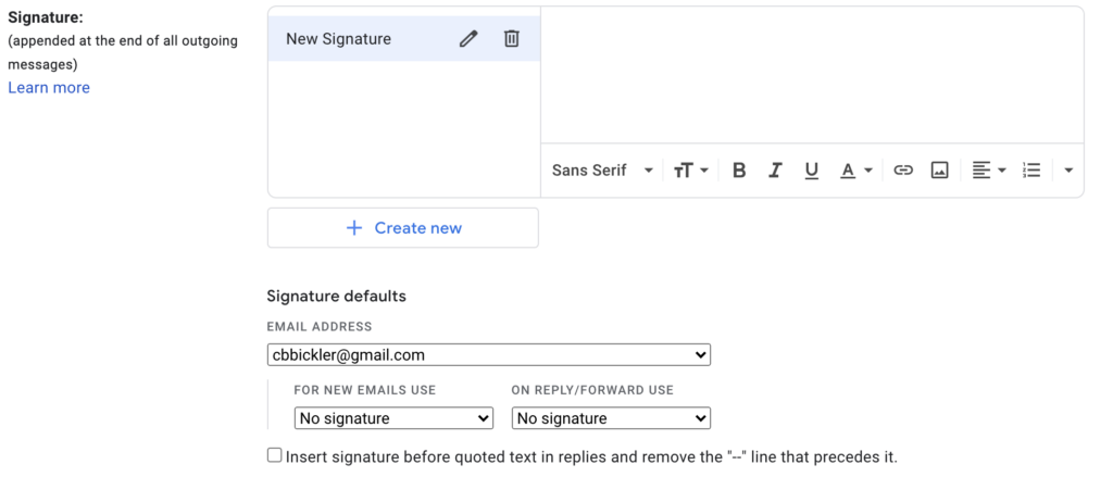 Screenshot of Gmail Signature Area